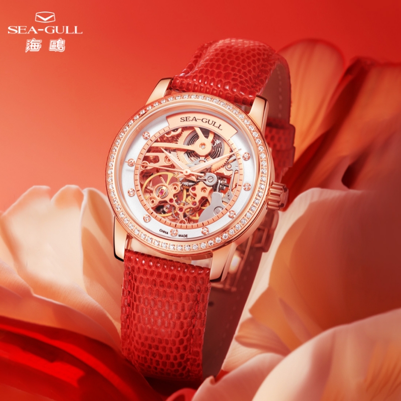 Skeleton Mechanical Watch - Sea-Gull Moda kadın Mekanik Saat Kırmızı